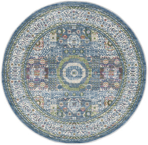 Homeroots 4' Ivory And Blue Geometric Distressed Non Skid Round Rug  Polypropylene,Polyester 550476