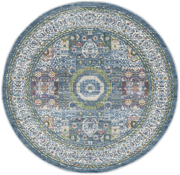 Homeroots 4' Ivory And Blue Geometric Distressed Non Skid Round Rug  Polypropylene,Polyester 550476