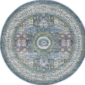 Homeroots 4' Ivory And Blue Geometric Distressed Non Skid Round Rug  Polypropylene,Polyester 550476