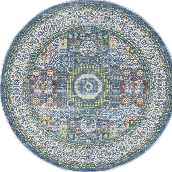 Homeroots 4' Ivory And Blue Geometric Distressed Non Skid Round Rug  Polypropylene,Polyester 550476