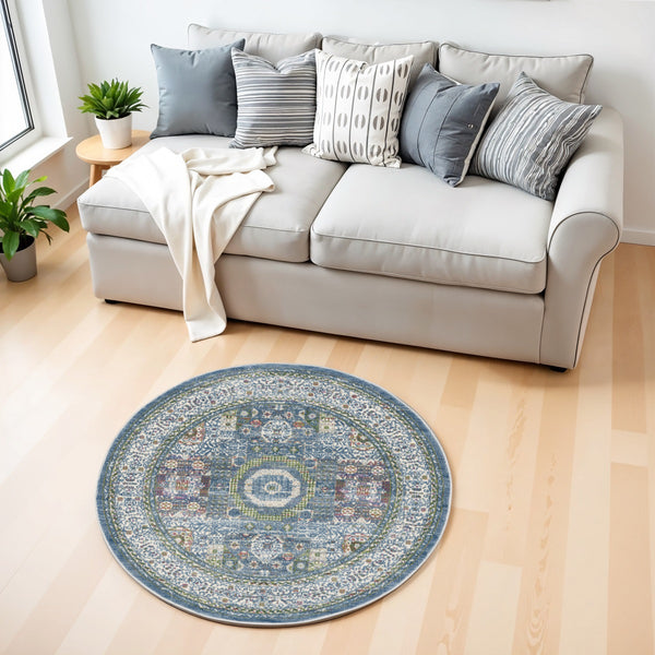 Homeroots 4' Ivory And Blue Geometric Distressed Non Skid Round Rug  Polypropylene,Polyester 550476