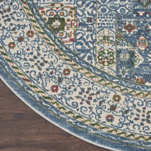Homeroots 4' Ivory And Blue Geometric Distressed Non Skid Round Rug  Polypropylene,Polyester 550476