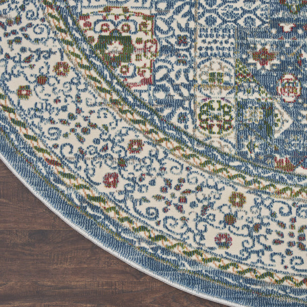 Homeroots 4' Ivory And Blue Geometric Distressed Non Skid Round Rug  Polypropylene,Polyester 550476