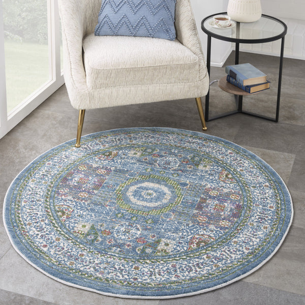 Homeroots 4' Ivory And Blue Geometric Distressed Non Skid Round Rug  Polypropylene,Polyester 550476