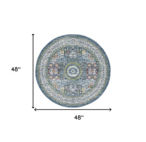 Homeroots 4' Ivory And Blue Geometric Distressed Non Skid Round Rug  Polypropylene,Polyester 550476