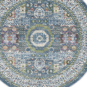 Homeroots 4' Ivory And Blue Geometric Distressed Non Skid Round Rug  Polypropylene,Polyester 550476