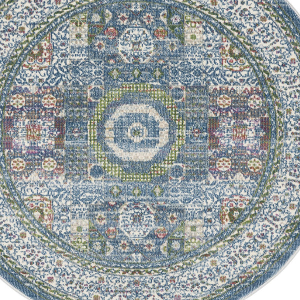 Homeroots 4' Ivory And Blue Geometric Distressed Non Skid Round Rug  Polypropylene,Polyester 550476