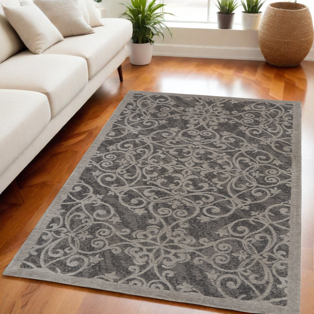 Homeroots 5' X 7' Gray And Light Gray Damask Distressed Area Rug  Cotton,Polyester 550478
