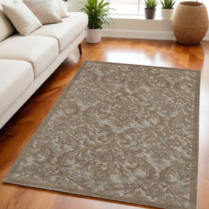 Homeroots 5' X 7' Taupe And Gray Damask Distressed Area Rug  Cotton,Polyester 550480
