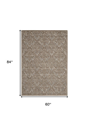 Homeroots 5' X 7' Taupe And Gray Damask Distressed Area Rug  Cotton,Polyester 550480
