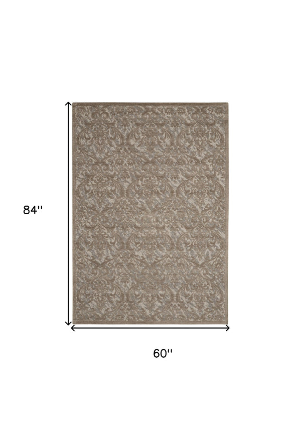 Homeroots 5' X 7' Taupe And Gray Damask Distressed Area Rug  Cotton,Polyester 550480