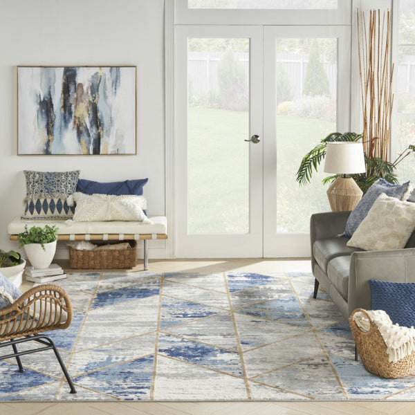 HomeRoots 8' Ivory Blue and Gray Abstract Non-Skid Area Rug for Modern Living Room and Bedroom Decor 8' X 10' 550492