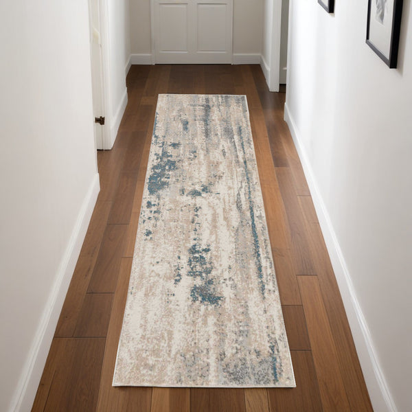 Homeroots 8' Teal And Ivory Abstract Non Skid Runner Rug  Polyester 550508