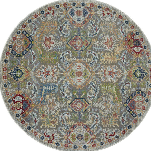 Homeroots 4' Ivory And Gray Floral Distressed Non Skid Round Rug  Polypropylene,Polyester 550518