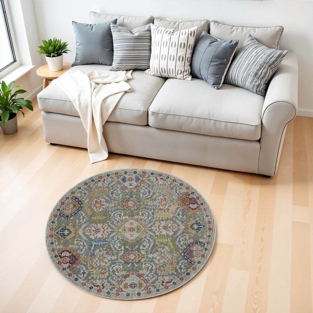 Homeroots 4' Ivory And Gray Floral Distressed Non Skid Round Rug  Polypropylene,Polyester 550518