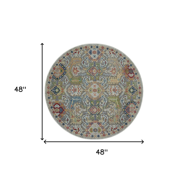 Homeroots 4' Ivory And Gray Floral Distressed Non Skid Round Rug  Polypropylene,Polyester 550518