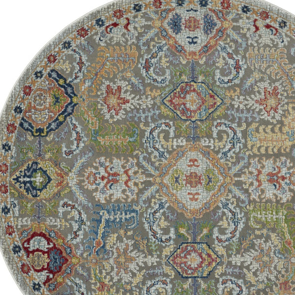 Homeroots 4' Ivory And Gray Floral Distressed Non Skid Round Rug  Polypropylene,Polyester 550518