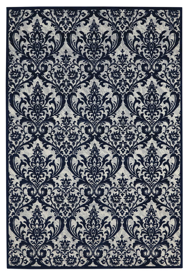 Homeroots 5' X 7' Navy Blue And Ivory Damask Distressed Area Rug  Cotton,Polyester 550526