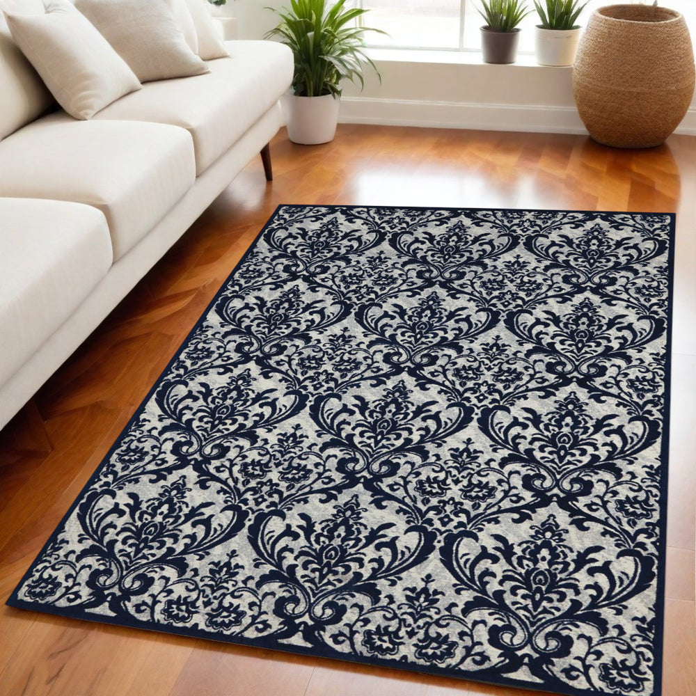 Homeroots 5' X 7' Navy Blue And Ivory Damask Distressed Area Rug  Cotton,Polyester 550526