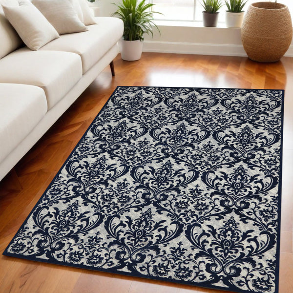 Homeroots 5' X 7' Navy Blue And Ivory Damask Distressed Area Rug  Cotton,Polyester 550526