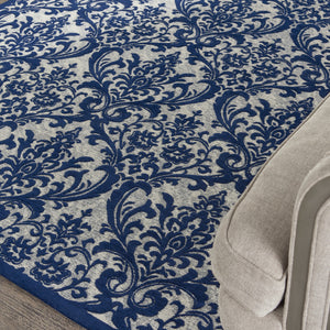 Homeroots 5' X 7' Navy Blue And Ivory Damask Distressed Area Rug  Cotton,Polyester 550526