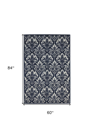 Homeroots 5' X 7' Navy Blue And Ivory Damask Distressed Area Rug  Cotton,Polyester 550526