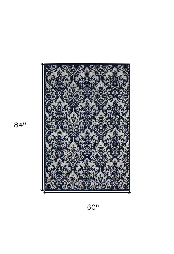 Homeroots 5' X 7' Navy Blue And Ivory Damask Distressed Area Rug  Cotton,Polyester 550526