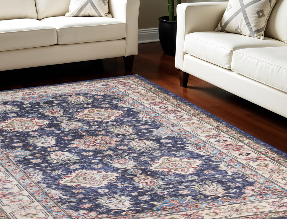 Homeroots 8' X 10' Ivory And Blue Floral Medallion Distressed Non Skid Area Rug  Polyester 550530