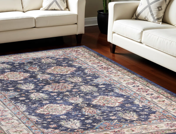 Homeroots 8' X 10' Ivory And Blue Floral Medallion Distressed Non Skid Area Rug  Polyester 550530