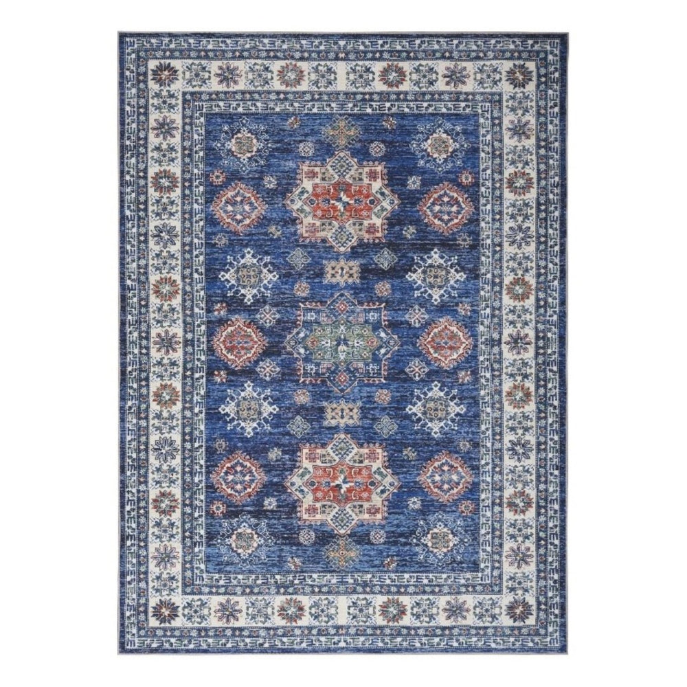 HomeRoots 8' Elegant Ivory and Blue Floral Medallion Area Rug with Distressed Finish for Stylish Durability 8' X 10' 550531