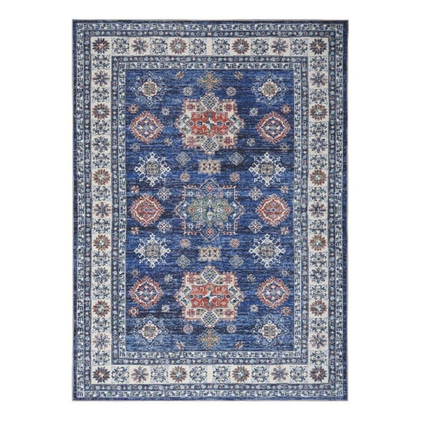 HomeRoots 8' Elegant Ivory and Blue Floral Medallion Area Rug with Distressed Finish for Stylish Durability 8' X 10' 550531