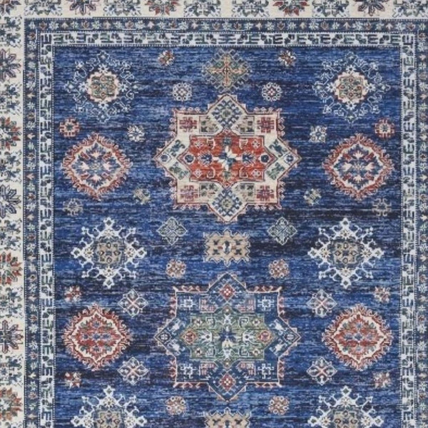 HomeRoots 8' Elegant Ivory and Blue Floral Medallion Area Rug with Distressed Finish for Stylish Durability 8' X 10' 550531