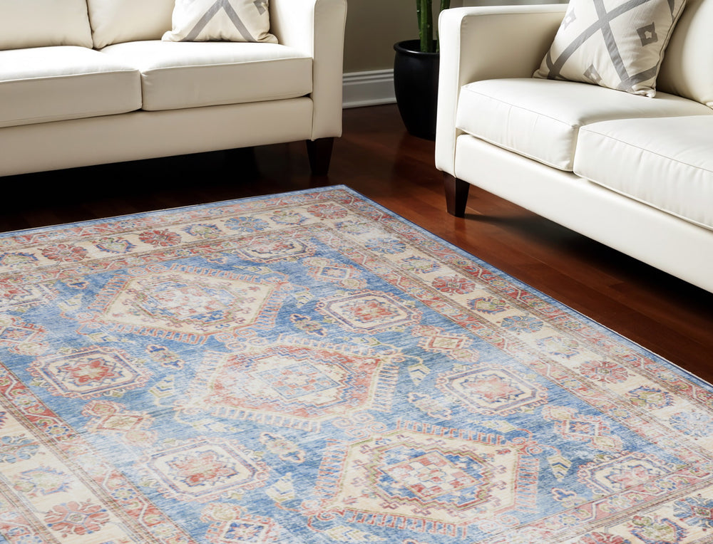 Homeroots 8' X 10' Ivory Red And Blue Medallion Distressed Non Skid Area Rug  Polyester 550532