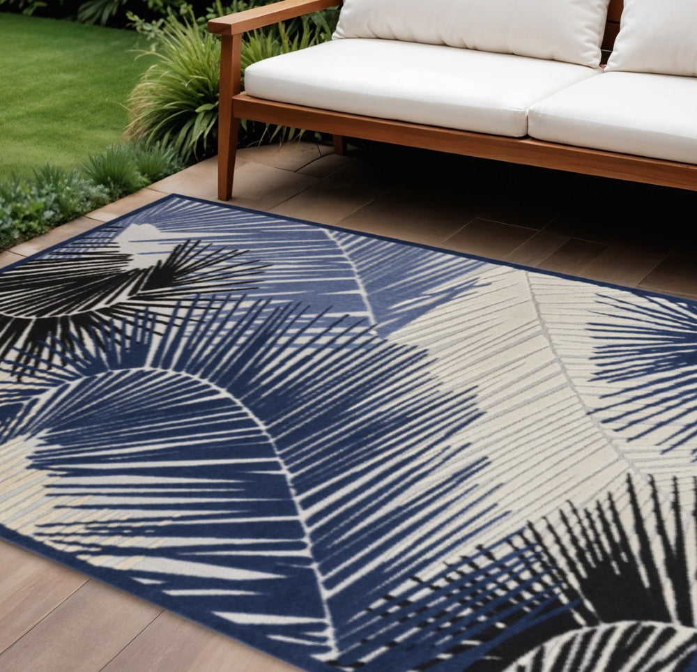 HomeRoots 8' X 10' Navy Blue Palm Leaf Area Rug - Stylish Indoor Outdoor Design for High-Traffic Areas 550535