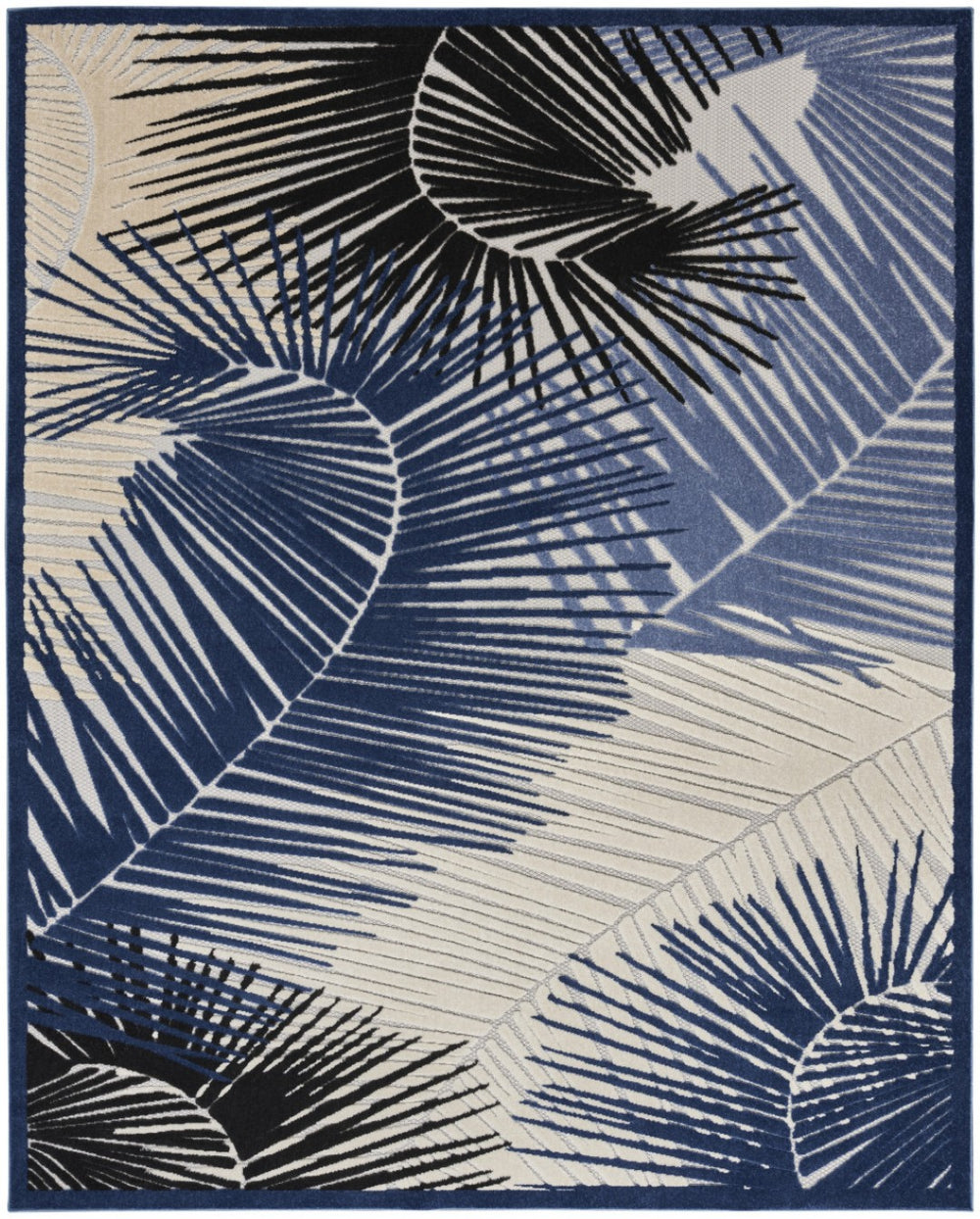 HomeRoots 8' X 10' Navy Blue Palm Leaf Area Rug - Stylish Indoor Outdoor Design for High-Traffic Areas 550535