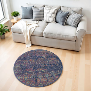 Homeroots 4' Blue And Yellow Trellis Distressed Non Skid Round Rug  Polypropylene,Polyester 550538
