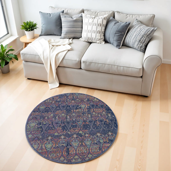 Homeroots 4' Blue And Yellow Trellis Distressed Non Skid Round Rug  Polypropylene,Polyester 550538