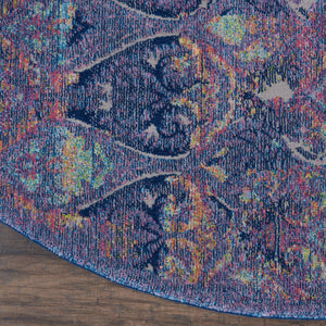 Homeroots 4' Blue And Yellow Trellis Distressed Non Skid Round Rug  Polypropylene,Polyester 550538