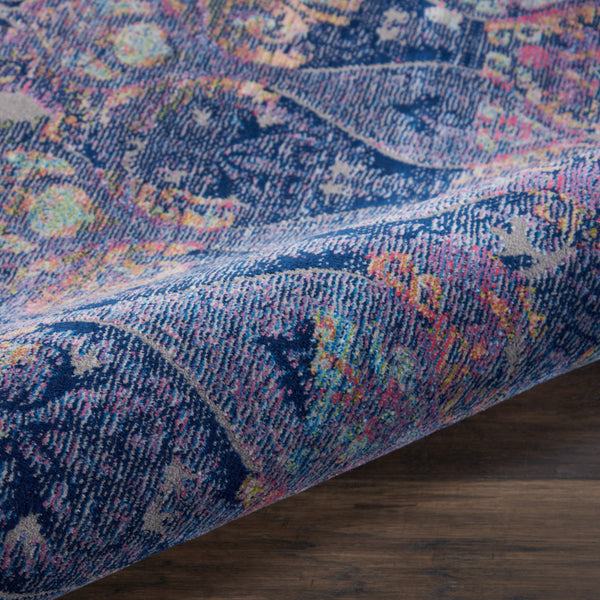 Homeroots 4' Blue And Yellow Trellis Distressed Non Skid Round Rug  Polypropylene,Polyester 550538