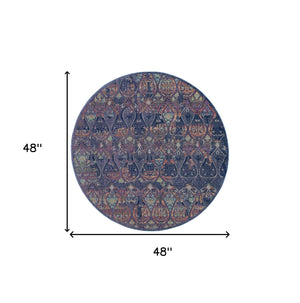 Homeroots 4' Blue And Yellow Trellis Distressed Non Skid Round Rug  Polypropylene,Polyester 550538