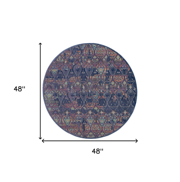 Homeroots 4' Blue And Yellow Trellis Distressed Non Skid Round Rug  Polypropylene,Polyester 550538