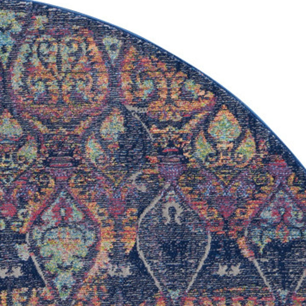 Homeroots 4' Blue And Yellow Trellis Distressed Non Skid Round Rug  Polypropylene,Polyester 550538