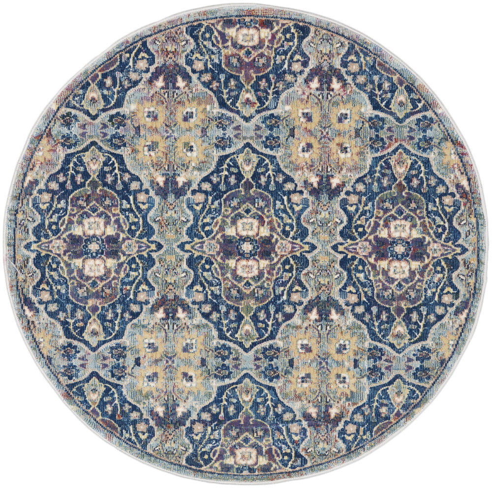 Homeroots 4' Blue And Yellow Floral Distressed Non Skid Round Rug  Polypropylene,Polyester 550540