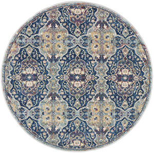 Homeroots 4' Blue And Yellow Floral Distressed Non Skid Round Rug  Polypropylene,Polyester 550540