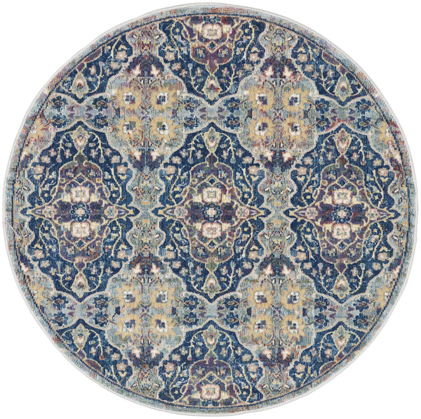 Homeroots 4' Blue And Yellow Floral Distressed Non Skid Round Rug  Polypropylene,Polyester 550540