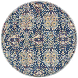 Homeroots 4' Blue And Yellow Floral Distressed Non Skid Round Rug  Polypropylene,Polyester 550540