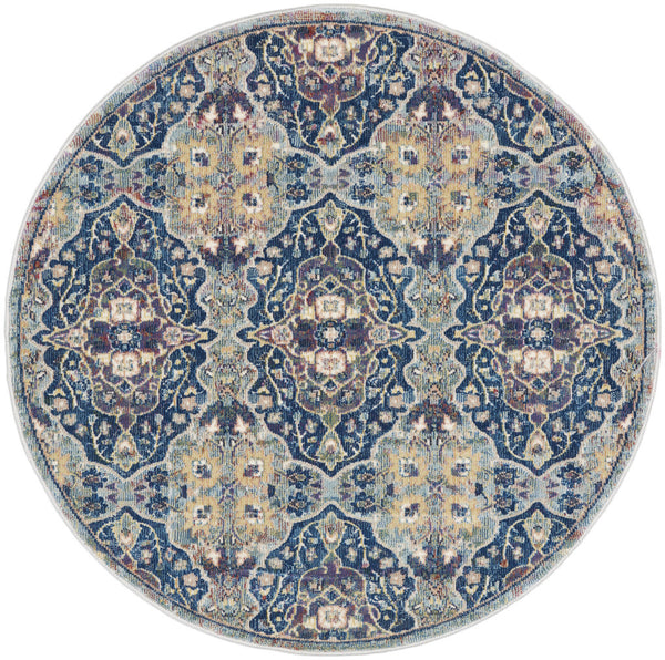 Homeroots 4' Blue And Yellow Floral Distressed Non Skid Round Rug  Polypropylene,Polyester 550540