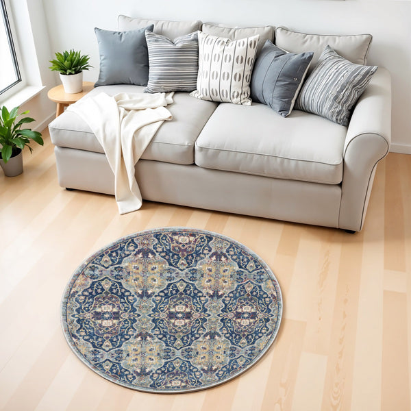 Homeroots 4' Blue And Yellow Floral Distressed Non Skid Round Rug  Polypropylene,Polyester 550540