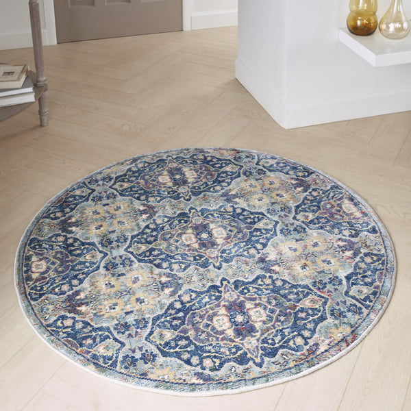 Homeroots 4' Blue And Yellow Floral Distressed Non Skid Round Rug  Polypropylene,Polyester 550540