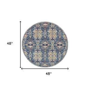 Homeroots 4' Blue And Yellow Floral Distressed Non Skid Round Rug  Polypropylene,Polyester 550540